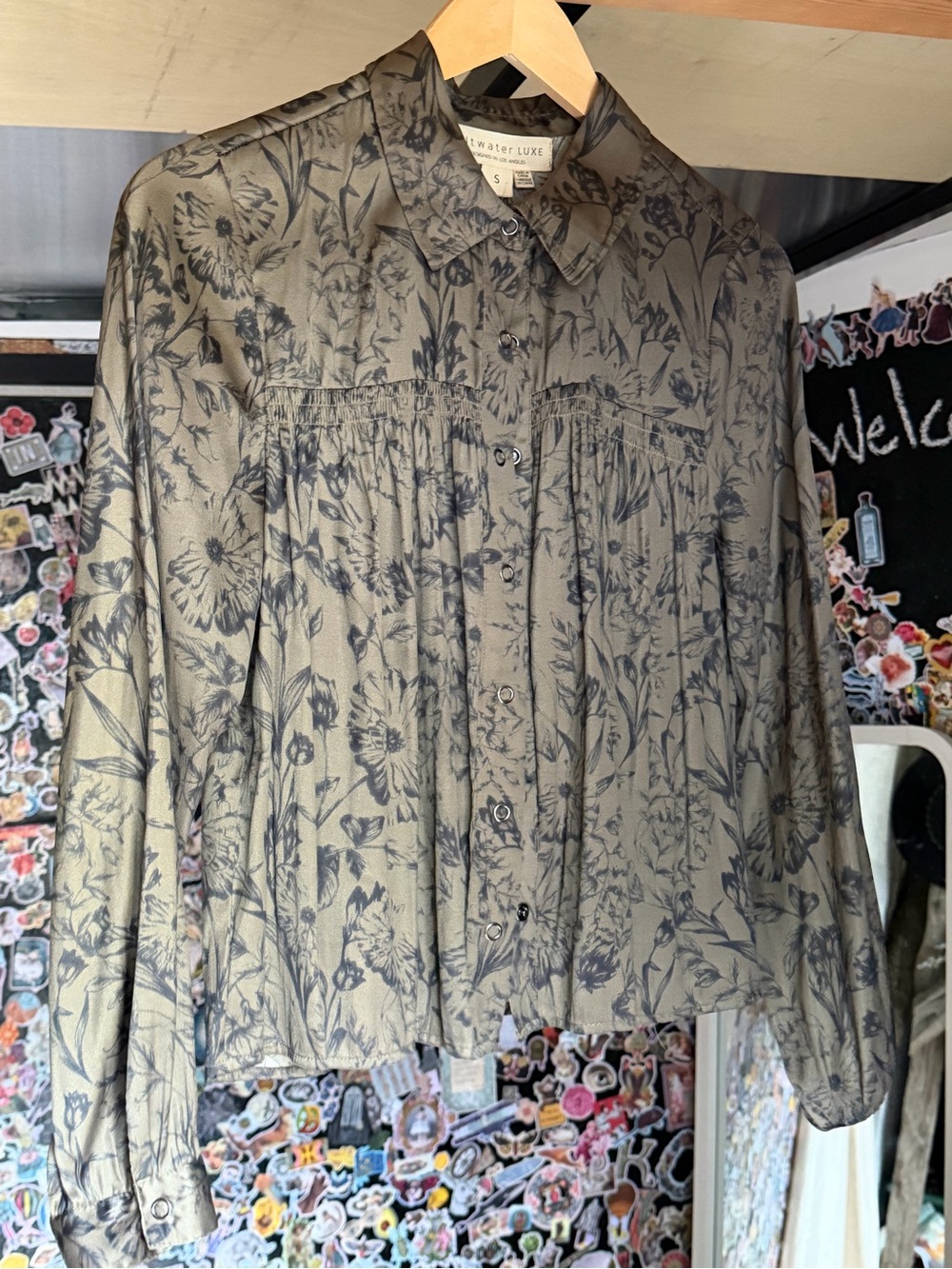 saltwater LUXE Olive Button-Down Shirt with Gray Floral Print